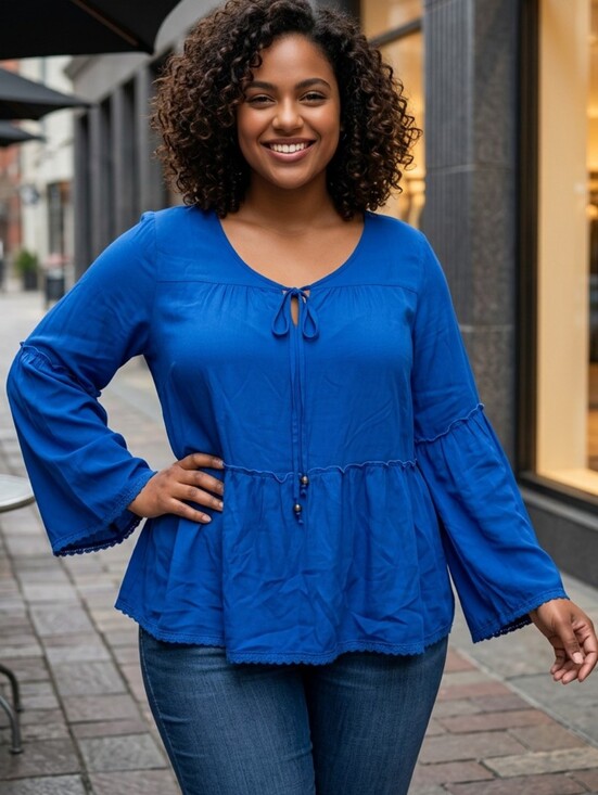 Signature Studio Tops - Signature Studio Plus 1X Royal Blue Bell Sleeve Tie Neck Blouse Bold Flattering